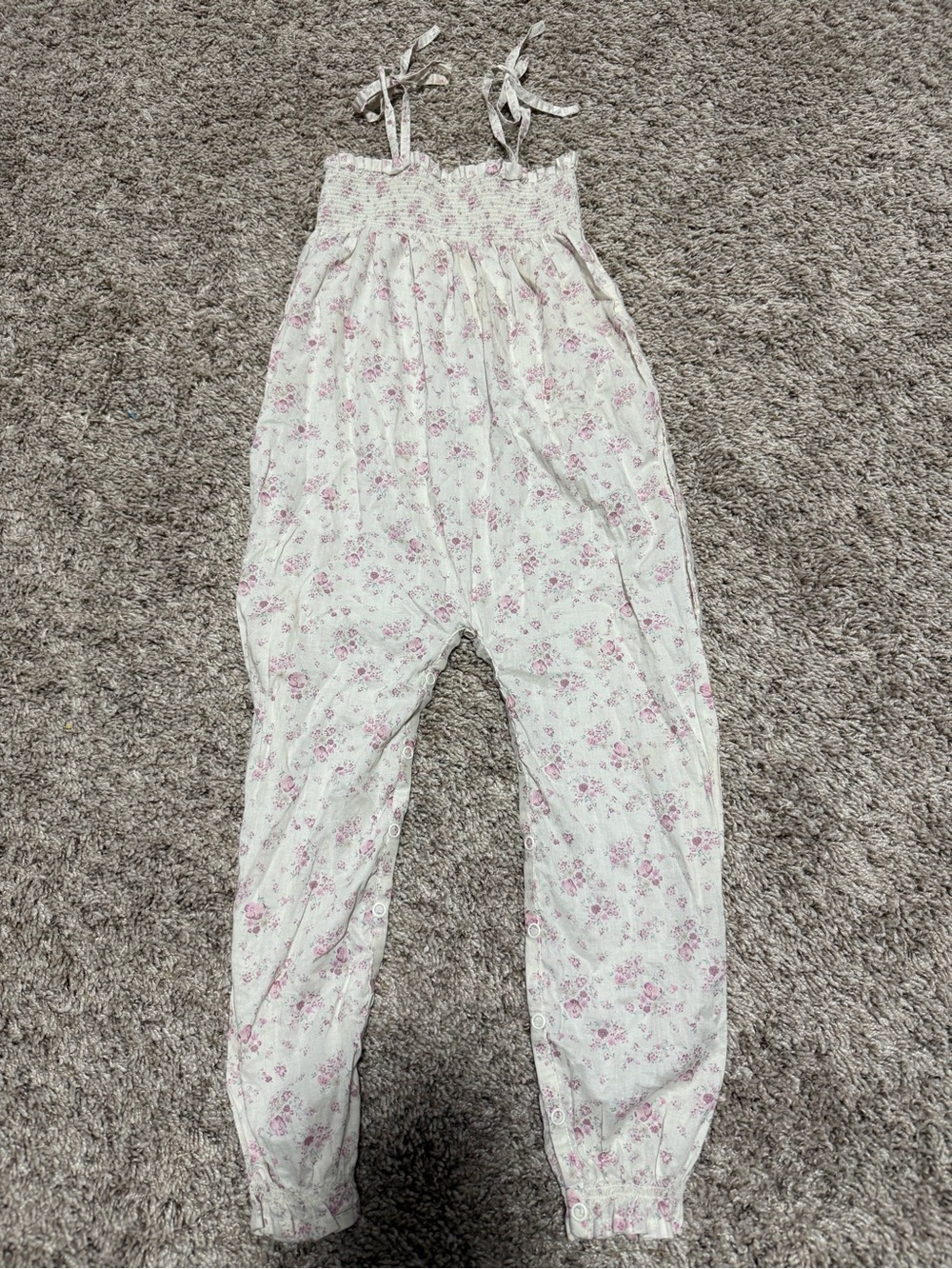 Jamie Kay White Floral Smocked Romper with Pink Print